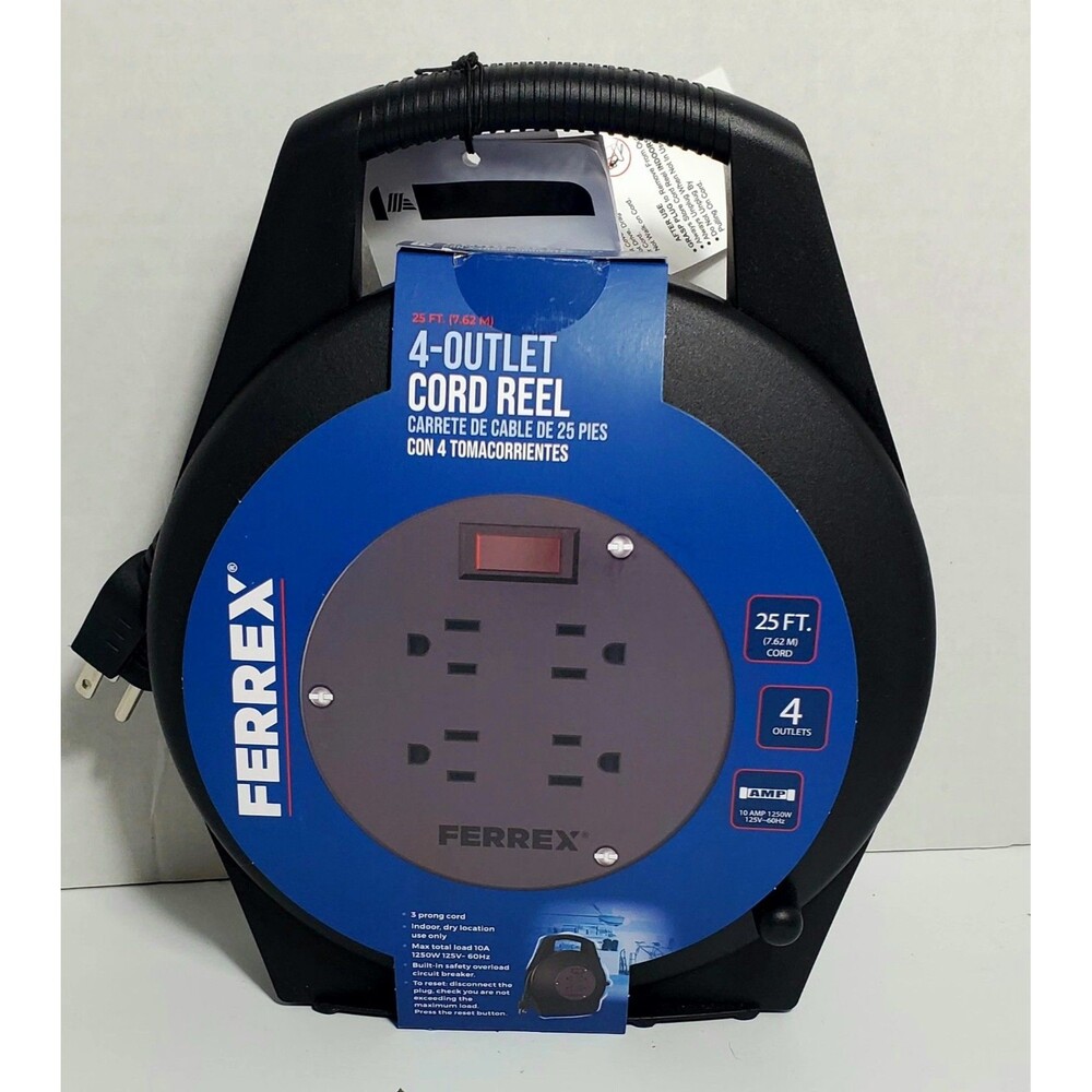 Ferrex 4-Outlet Cord Reel 25ft Heavy Duty 10A 1250W Safety Power Extension